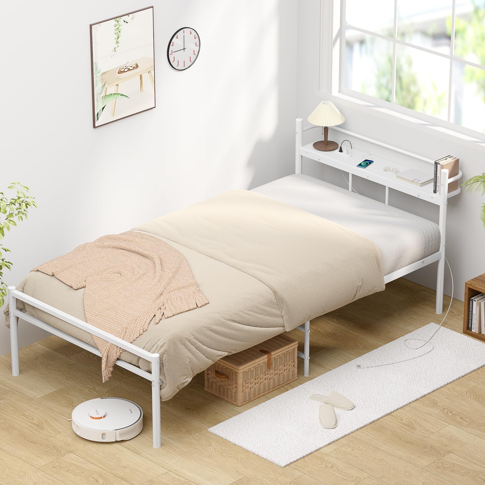 Amazon｜【耐荷重300Kg・2口コンセント】ベッドフレーム シングル 白